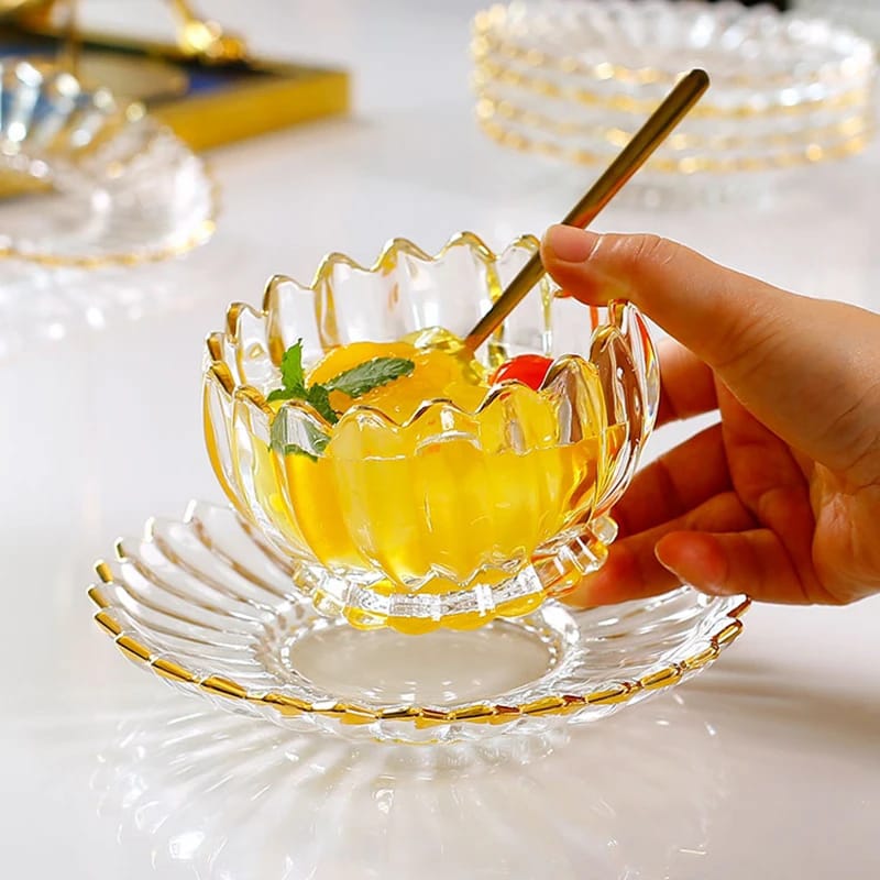 European Style Delicate Flower Glass Bowl | Elegant Clear Bowl for Fruit, Dessert, and Salad