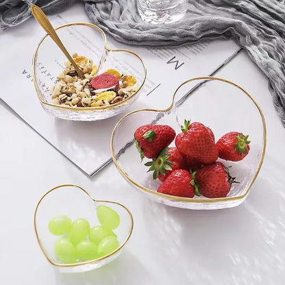 3pc Heart Shaped Glass Bowl Set | Golden Trim Hammered Pattern for Salad, Fruit, and Dessert