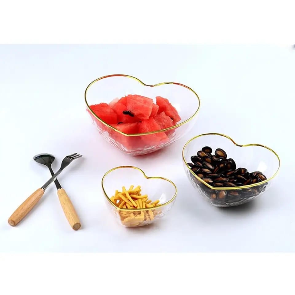 3pc Heart Shaped Glass Bowl Set | Golden Trim Hammered Pattern for Salad, Fruit, and Dessert