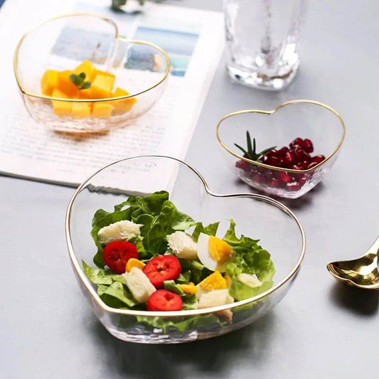 3pc Heart Shaped Glass Bowl Set | Golden Trim Hammered Pattern for Salad, Fruit, and Dessert