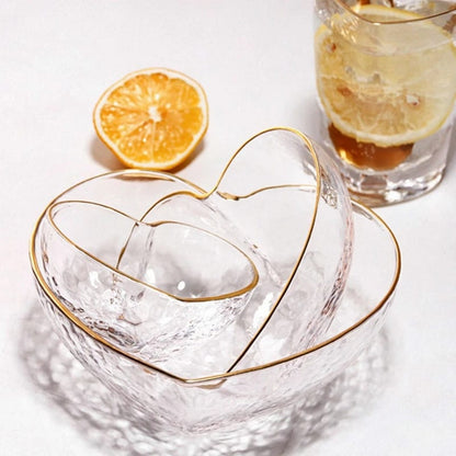 3pc Heart Shaped Glass Bowl Set | Golden Trim Hammered Pattern for Salad, Fruit, and Dessert