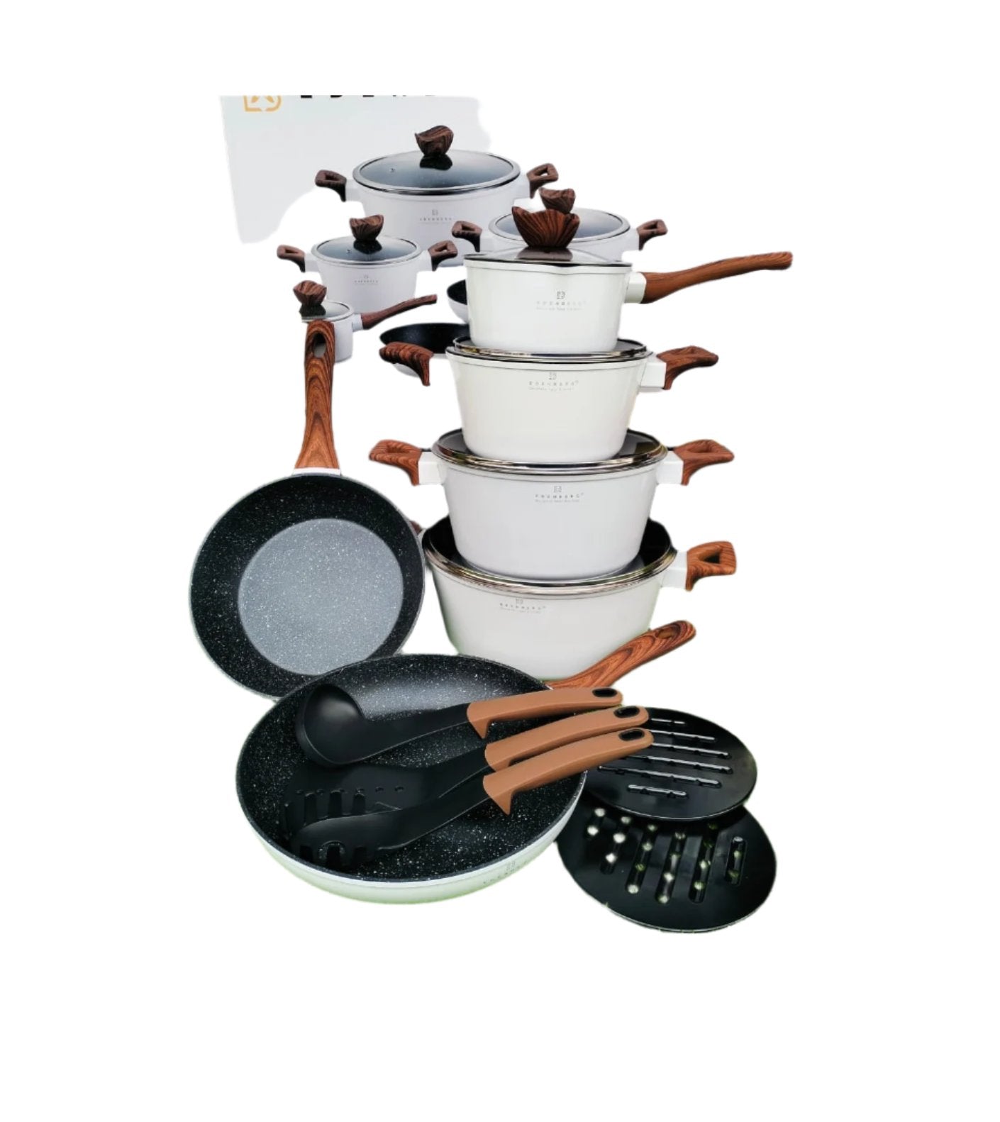 Heavy Duty High Quality Nonstick 15 Piece Edenburg Cookware Set | Induction Compatible | White and Bronze