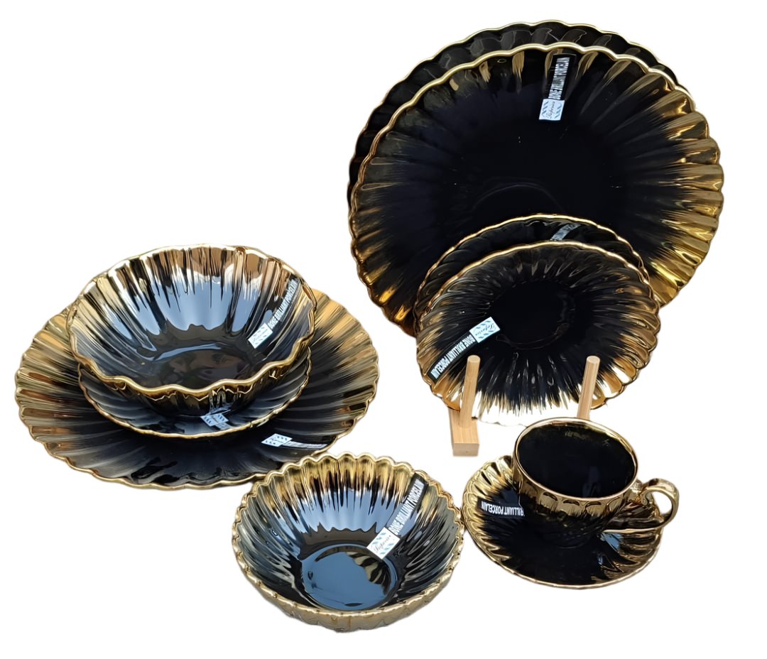 36 Piece Nordic Classy Dinner Set with Gold Rim | Includes Dinner Plates, Medium Plates, Side Plates, Bowls, Cups, & Saucers