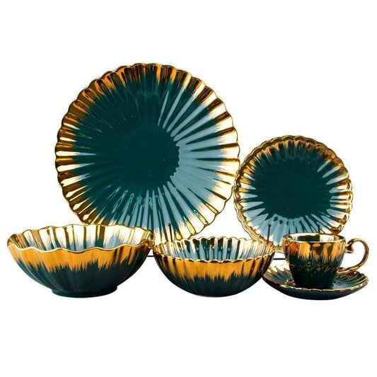 36 Piece Nordic Classy Dinner Set with Gold Rim | Includes Dinner Plates, Medium Plates, Side Plates, Bowls, Cups, & Saucers