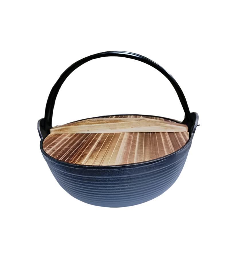 Pure Cast Iron Flat Bottom Wok 27cm,with Wooden Lid,Non-stick,360° heat distribution,Pot,Firm grip handle, Easy Clean,Use on all Cook tops,Cool touch lid,Cookware