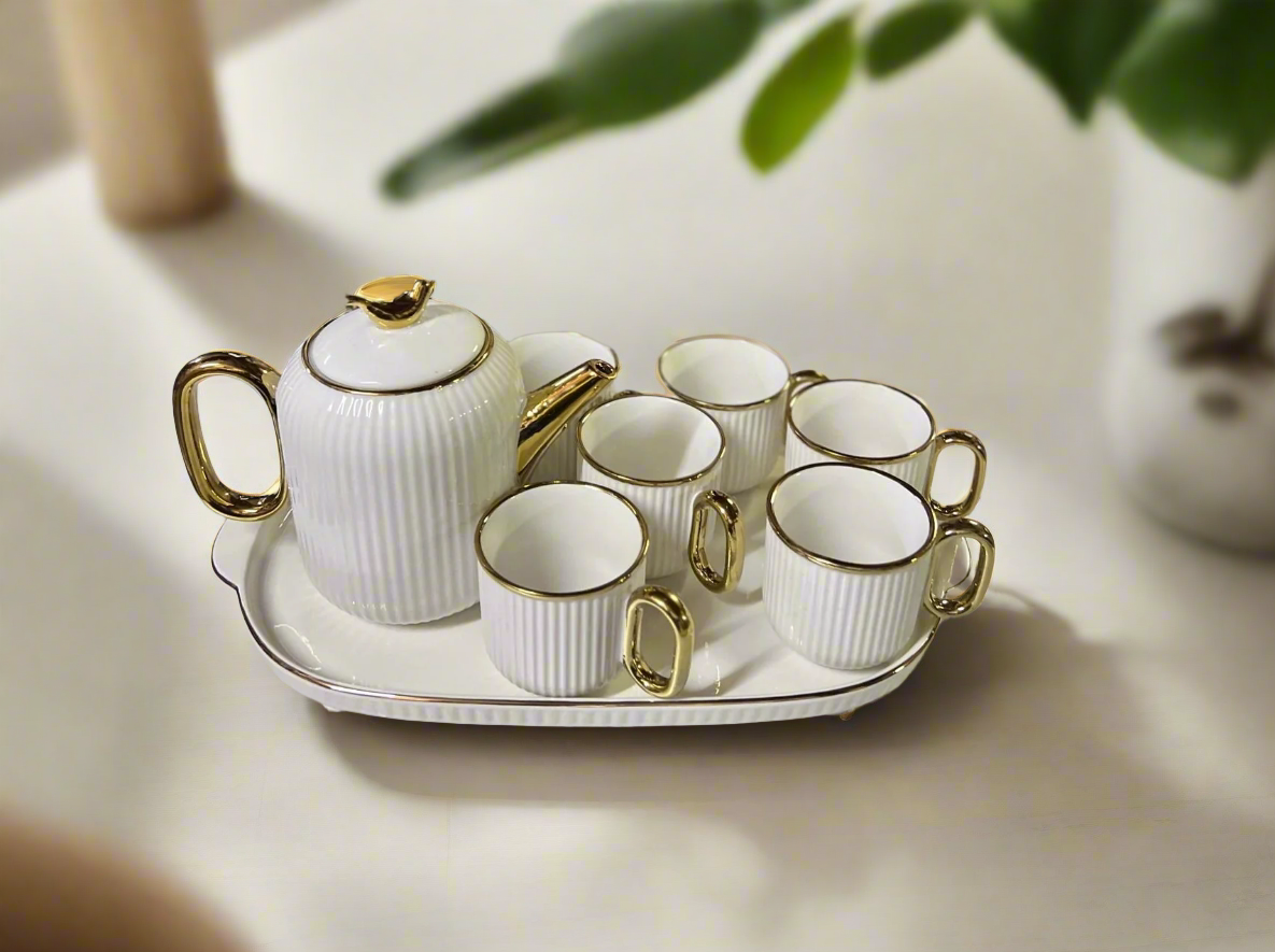 6 Piece Tea Set | Includes Mugs and Jar | Classic White Ceramic