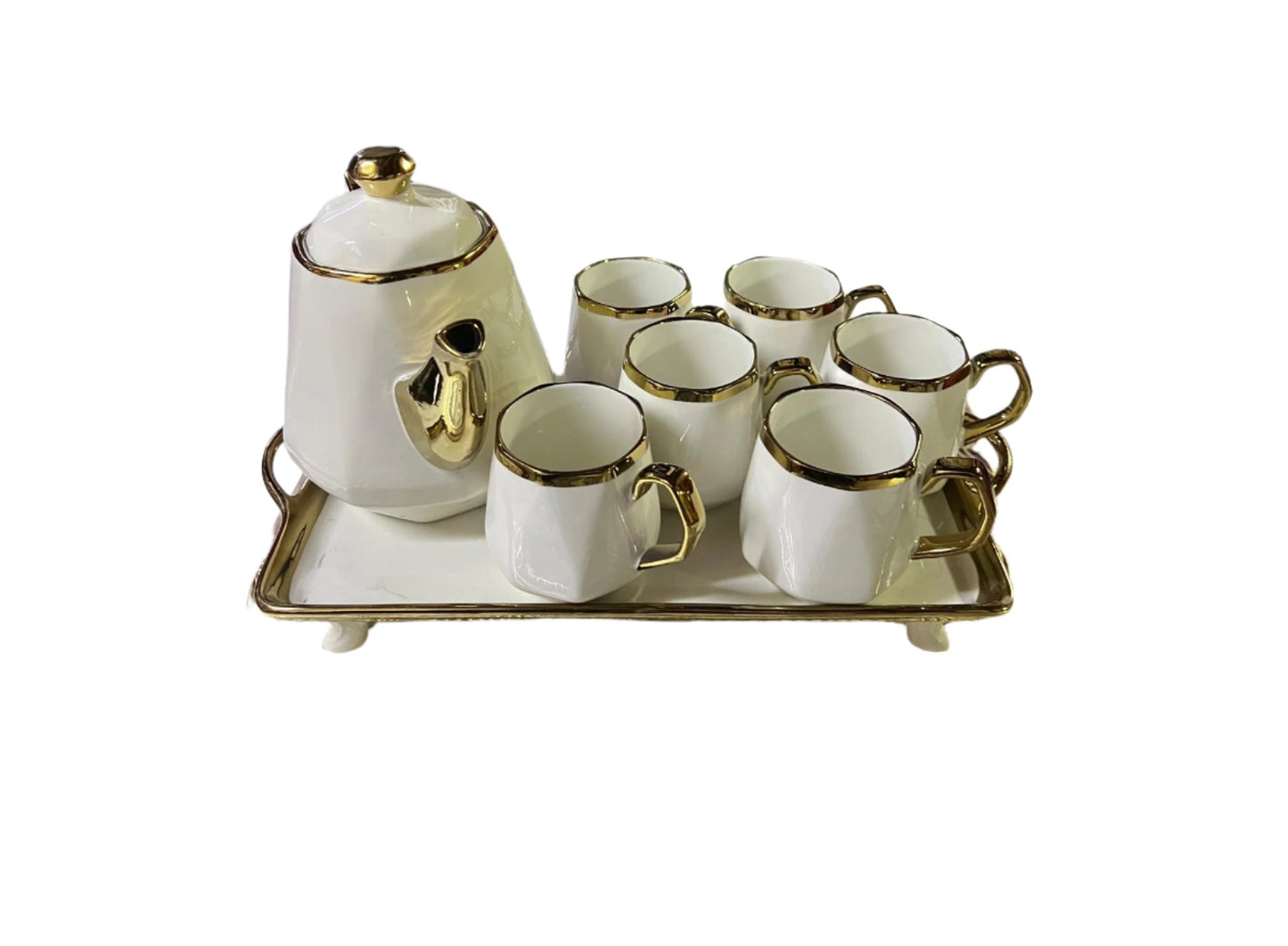 8 Piece Ceramic Tea Set | Includes Jar, Mugs, and Tray | Classic White