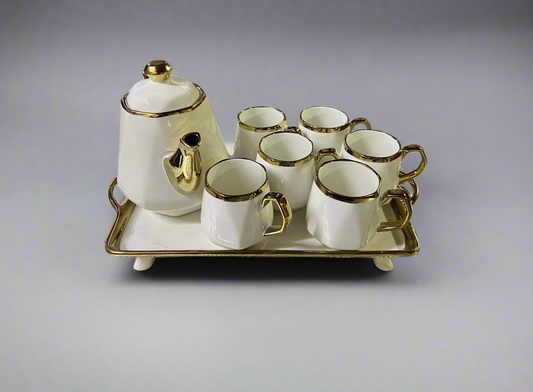 8 Piece Ceramic Tea Set | Includes Jar, Mugs, and Tray | Classic White