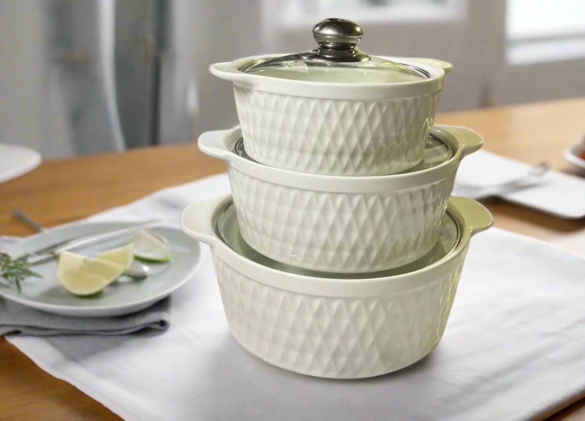 3 Piece Ceramic Soup Pot Set (White) | High Quality Traditional Cookware | Oven, Microwave & Dishwasher Safe