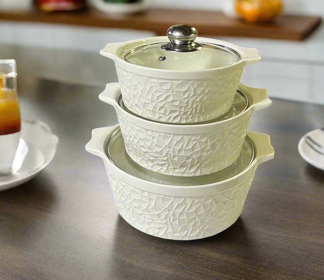 3 Piece Porcelain Ceramic Soup Pot Set | Oven, Microwave & Dishwasher Safe | Classic Design with Matching Lids