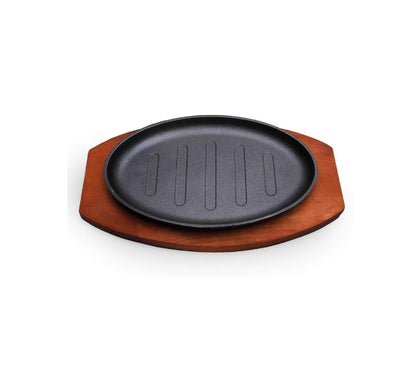 Cast Iron Hot Sizzling Plate on Wooden Tray | 25x16cm, Available in Round and Oval Shapes