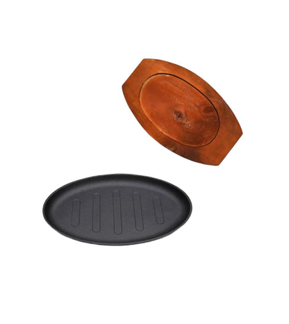 Cast Iron Hot Sizzling Plate on Wooden Tray | 25x16cm, Available in Round and Oval Shapes