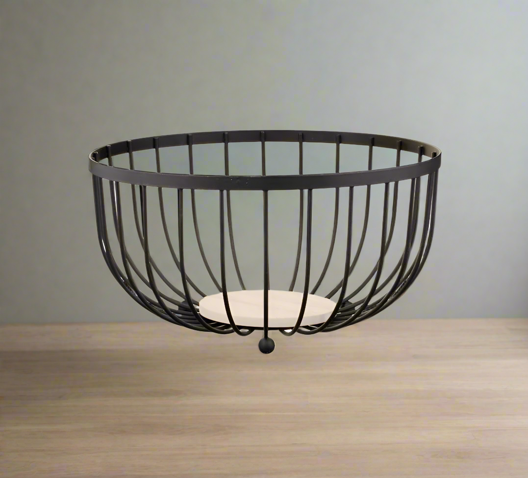 25cm Black Metal Design Fruit Basket with Wooden Base | Living Room  | Kitchen Fruits OrganizeR Storage