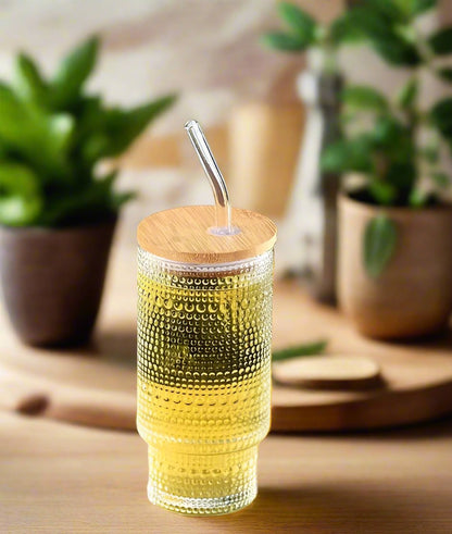 Embossed Vintage Glass Cup with Bamboo Lid, Straw, and Cleaning Brush | 320ml Capacity