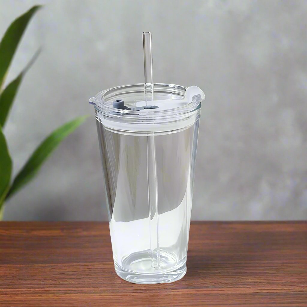 Round Transparent Borosilicate Drinking Glass Cup/Tumbler with lid + Straw