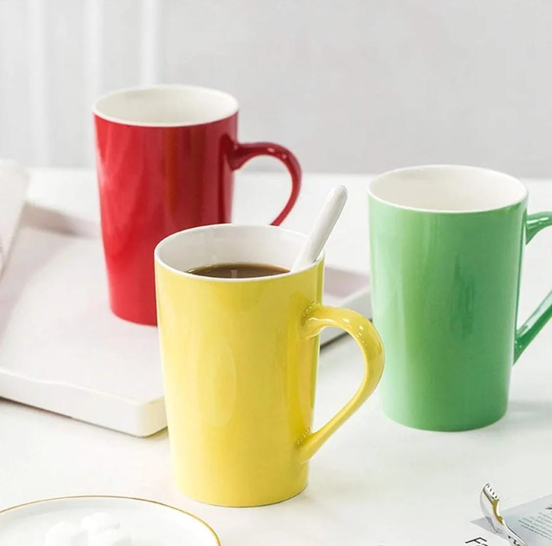 Set of 6 Vibrant Two Tone Ceramic Coffee and Tea Mugs | 400ml Capacity | Stylish Red, Yellow, and Black Mugs for Home & Office