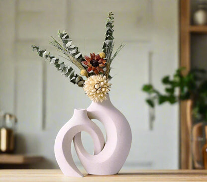 Unique Circular Hollow Design 2in1 Nordic Ceramic Vase |Elegant Circular Donut Design | White | Living Room, Office, Home Decor