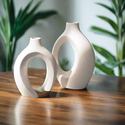 Unique Circular Hollow Design 2in1 Nordic Ceramic Vase |Elegant Circular Donut Design | White | Living Room, Office, Home Decor