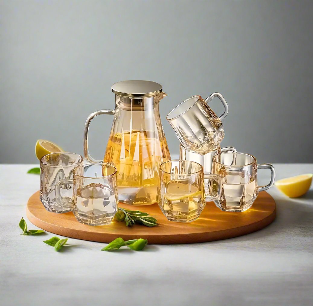 Furaha Finds 7-piece Borosilicate Glass Jar Set. Includes 6 x 240ml heat-resistant glass cups and 1 x 1500ml jug. Perfect for serving tea, juice, coffee, and cocktails