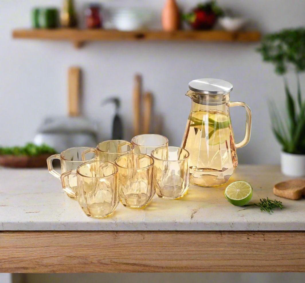 Furaha Finds 7-piece Borosilicate Glass Jar Set. Includes 6 x 240ml heat-resistant glass cups and 1 x 1500ml jug. Perfect for serving tea, juice, coffee, and cocktails