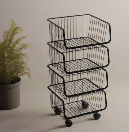 Metallic 4 Layer Trolley Mesh Rack | Durable Metal Storage Cart with Wheels | Black