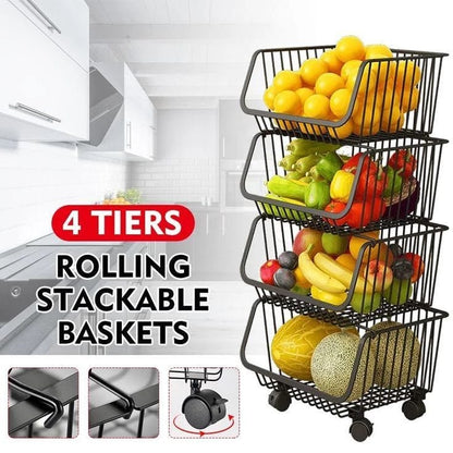 Metallic 4 Layer Trolley Mesh Rack | Durable Metal Storage Cart with Wheels | Black