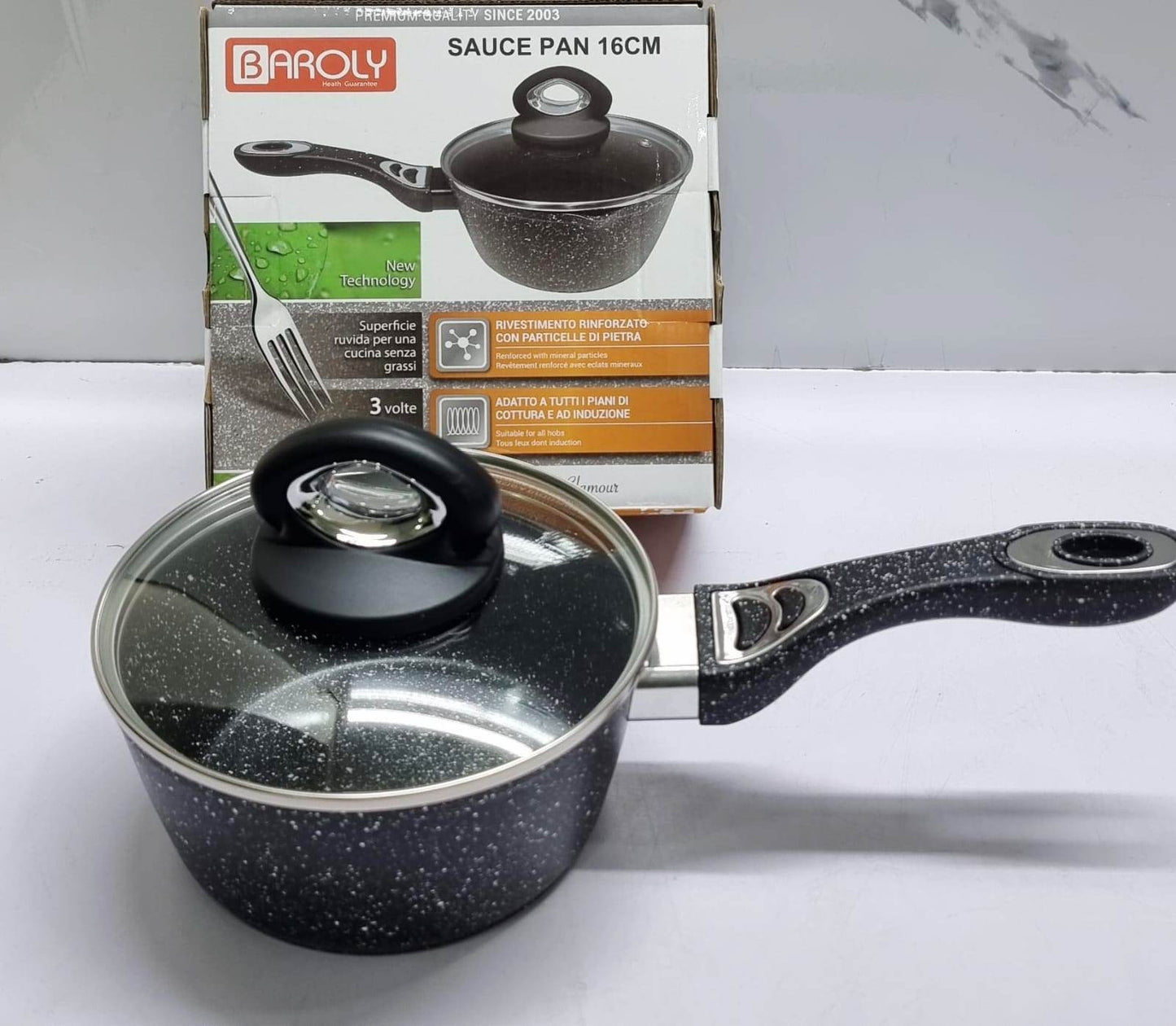 Baroly Heavy Granite Sauce Pans with Lids | German Brand | Durable Non-Stick Cooking Pans | 16cm, 18cm, 20cm Sizes