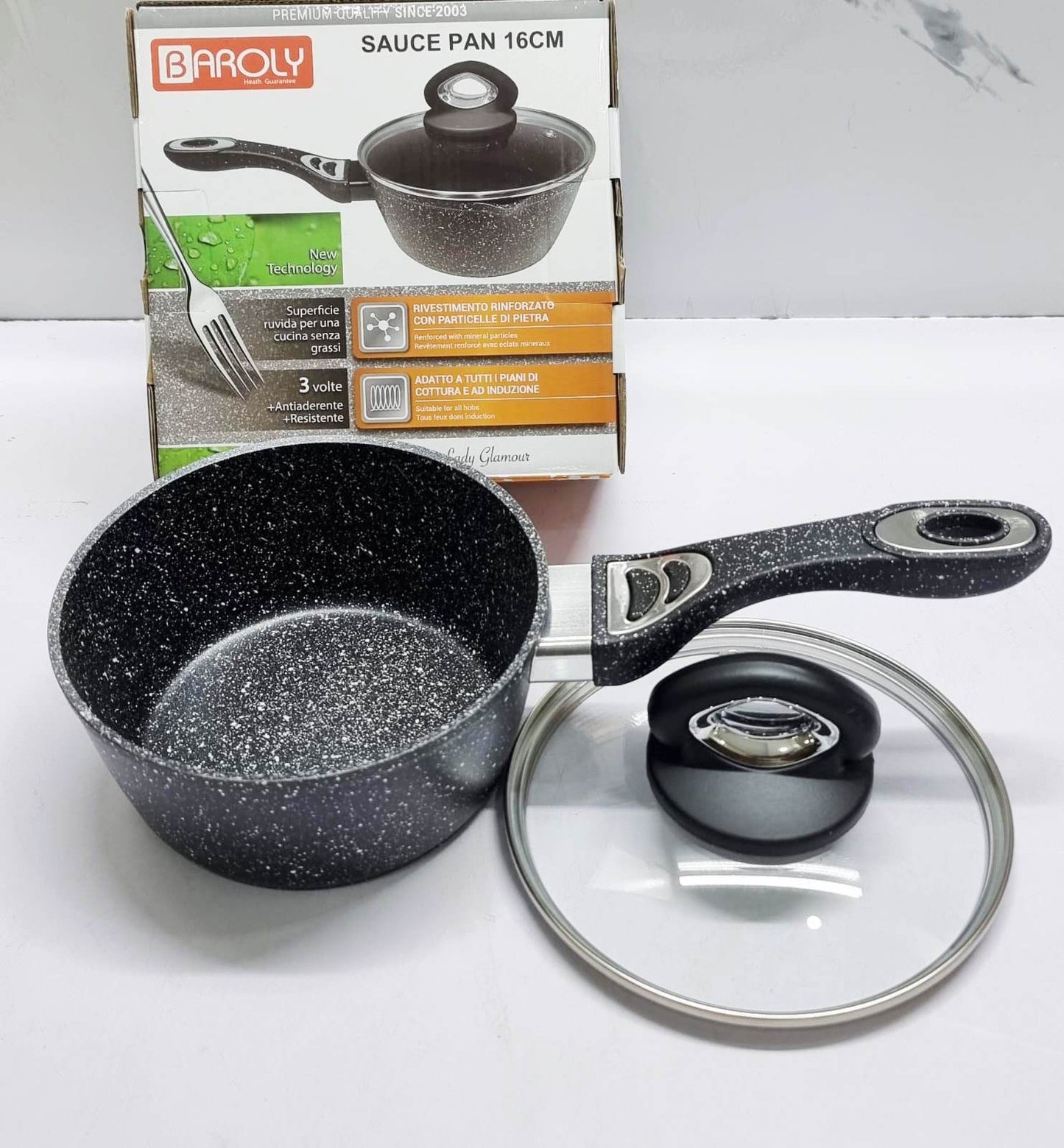 Baroly Heavy Granite Sauce Pans with Lids | German Brand | Durable Non-Stick Cooking Pans | 16cm, 18cm, 20cm Sizes