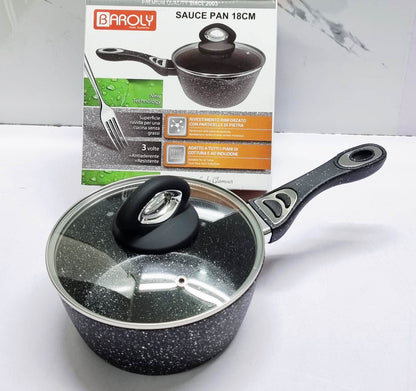 Baroly Heavy Granite Sauce Pans with Lids | German Brand | Durable Non-Stick Cooking Pans | 16cm, 18cm, 20cm Sizes