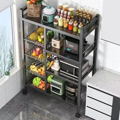 Multifunctional Strong Metallic Kitchen Rack with Lockable Wheels | 3 Tier Black Kitchen Storage Rack Organizer