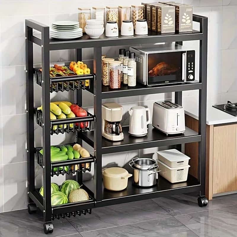 Multifunctional Strong Metallic Kitchen Rack with Lockable Wheels | 3 Tier Black Kitchen Storage Rack Organizer