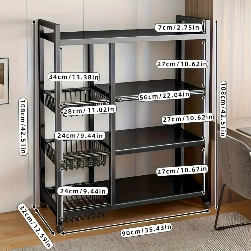 Multifunctional Strong Metallic Kitchen Rack with Lockable Wheels | 3 Tier Black Kitchen Storage Rack Organizer