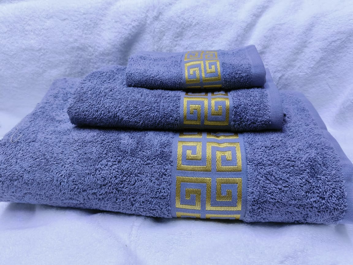 3 Piece Egyptian Cotton Towel Set | Lotus Design | Large Bath Towel (80x160cm), Hand Towel (40x70cm), Face Towel (30x30cm)