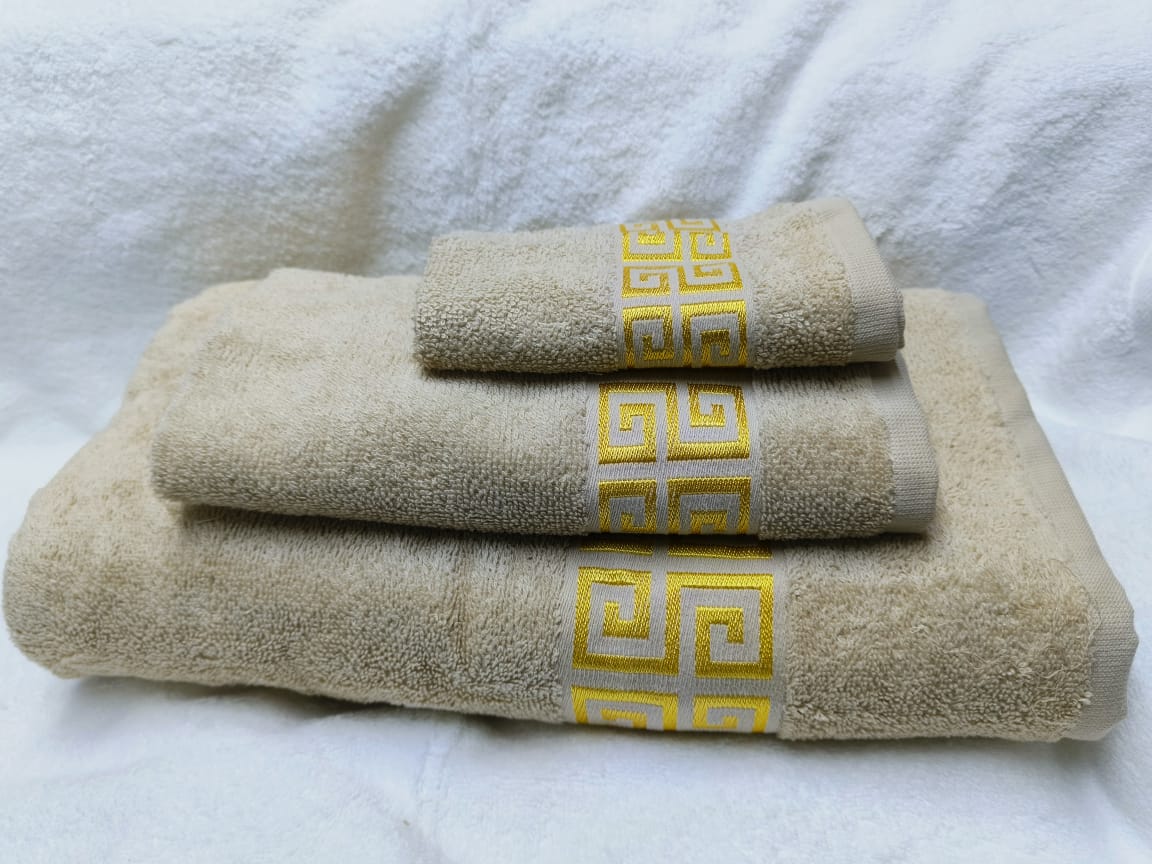 3 Piece Egyptian Cotton Towel Set | Lotus Design | Large Bath Towel (80x160cm), Hand Towel (40x70cm), Face Towel (30x30cm)