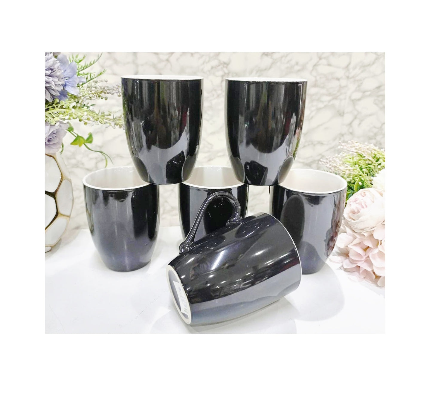 6 Piece 350ml Black Ceramic Mugs Set | Sleek Design | Durable Ceramic