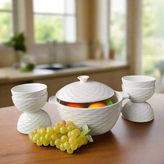 7 Piece Ceramic White Serving Dish Set with Soup/Vegetable Bowls |  2.8L Capacity, Microwave & Dishwasher Safe