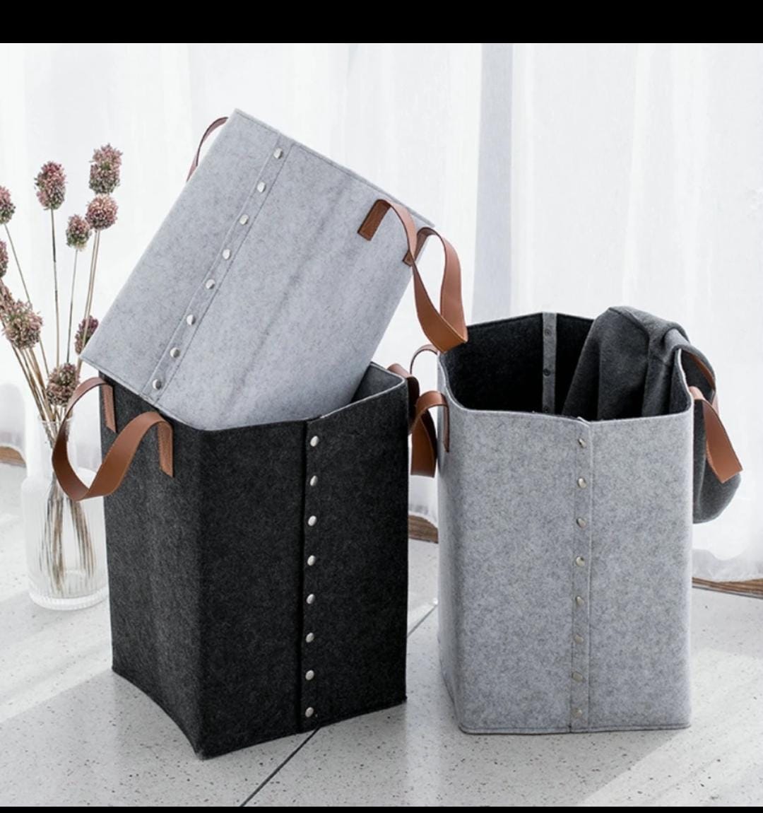 Foldable Felt Laundry Basket with Leather Handles | 32x32x50cm Multipurpose Storage Organizer | Light & Dark Grey