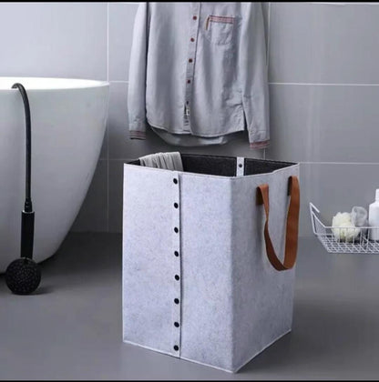 Foldable Felt Laundry Basket with Leather Handles | 32x32x50cm Multipurpose Storage Organizer | Light & Dark Grey