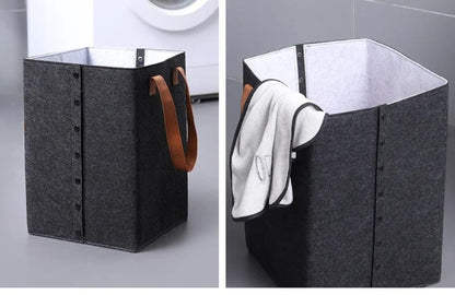 Foldable Felt Laundry Basket with Leather Handles | 32x32x50cm Multipurpose Storage Organizer | Light & Dark Grey