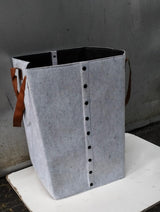 Foldable Felt Laundry Basket with Leather Handles | 32x32x50cm Multipurpose Storage Organizer | Light & Dark Grey