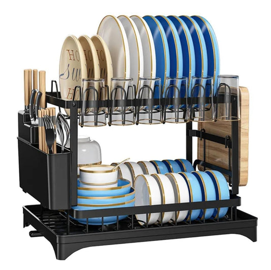 Quality Carbon 2 Tier Dish Rack | 42x29x29cm Black Kitchen Organizer