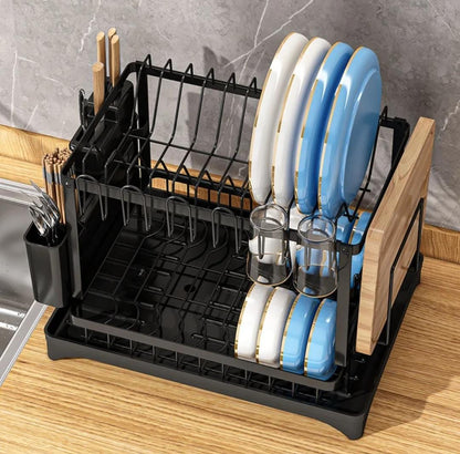 Quality Carbon 2 Tier Dish Rack | 42x29x29cm Black Kitchen Organizer