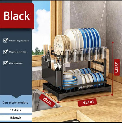 Quality Carbon 2 Tier Dish Rack | 42x29x29cm Black Kitchen Organizer