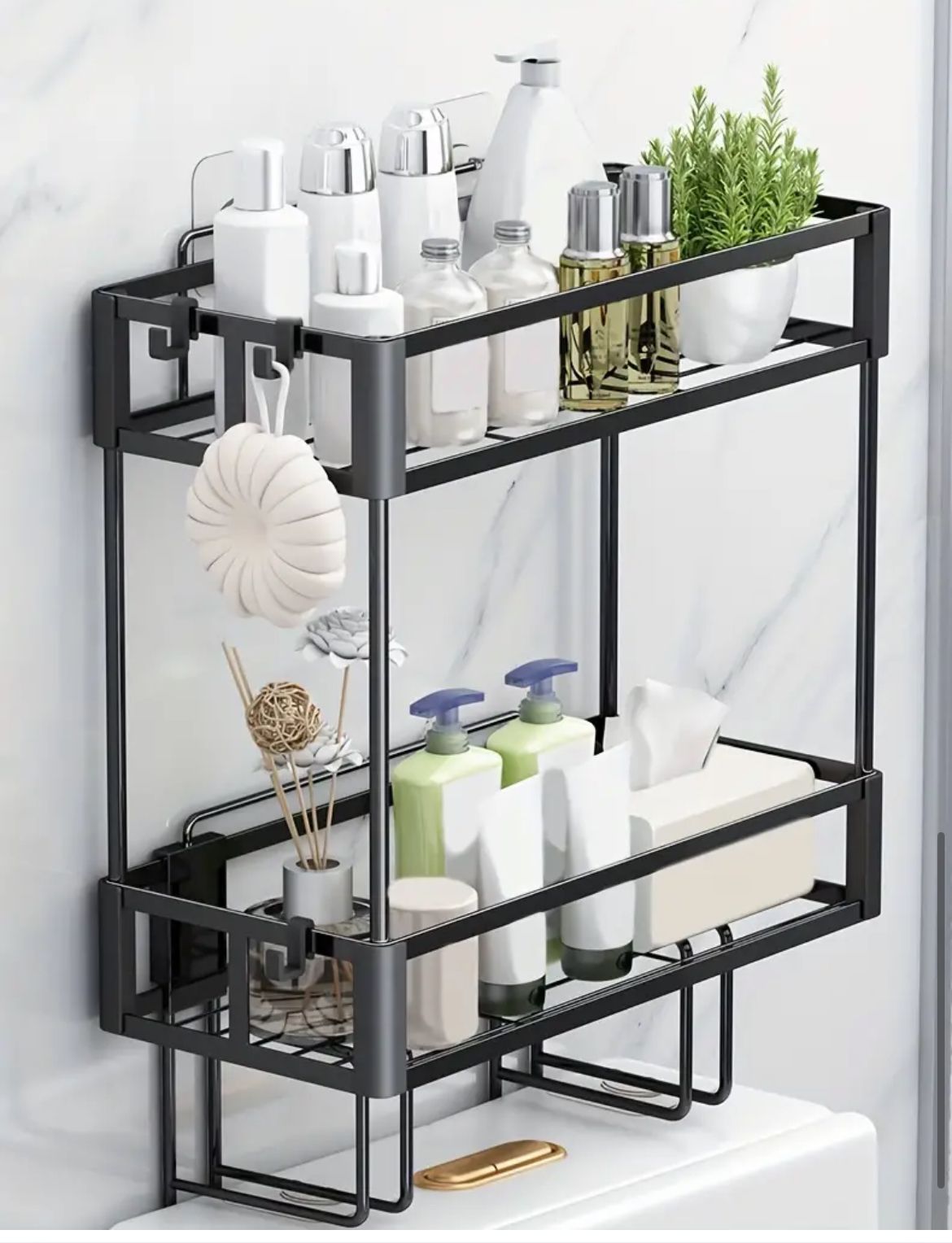 Double Layer Over-the-Toilet Rack | 34.5x15.2x42cm Black Metallic Bathroom Organizer