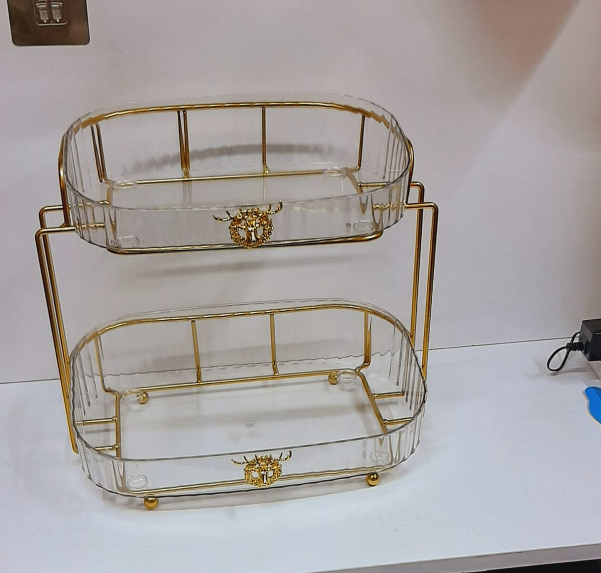 Luxury Vanity Cosmetic Organizer | Wrought Iron Stand with Acrylic Trays - 32x30x21.5cm