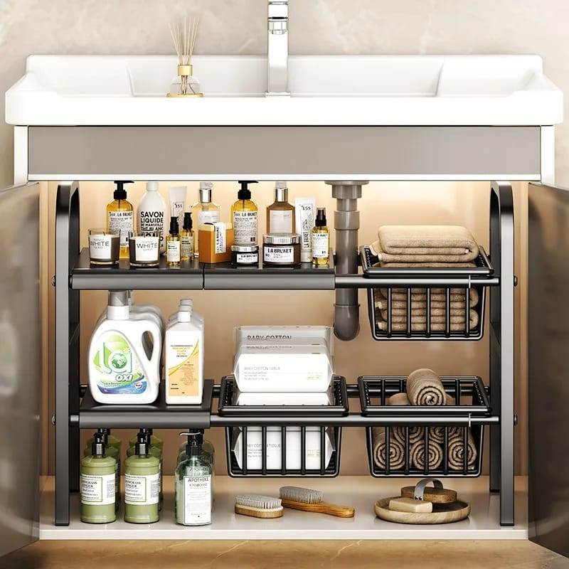 Multipurpose Under Sink  2 Tier Rack Organizer with Adjustable Width | Kitchen | Bathroom | Countertops