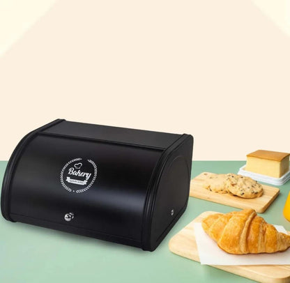 Alloy Bread Bin with Roll Lid | Kitchen Counter Storage Container for Pastries - Black & Off White - 30x26x17cm