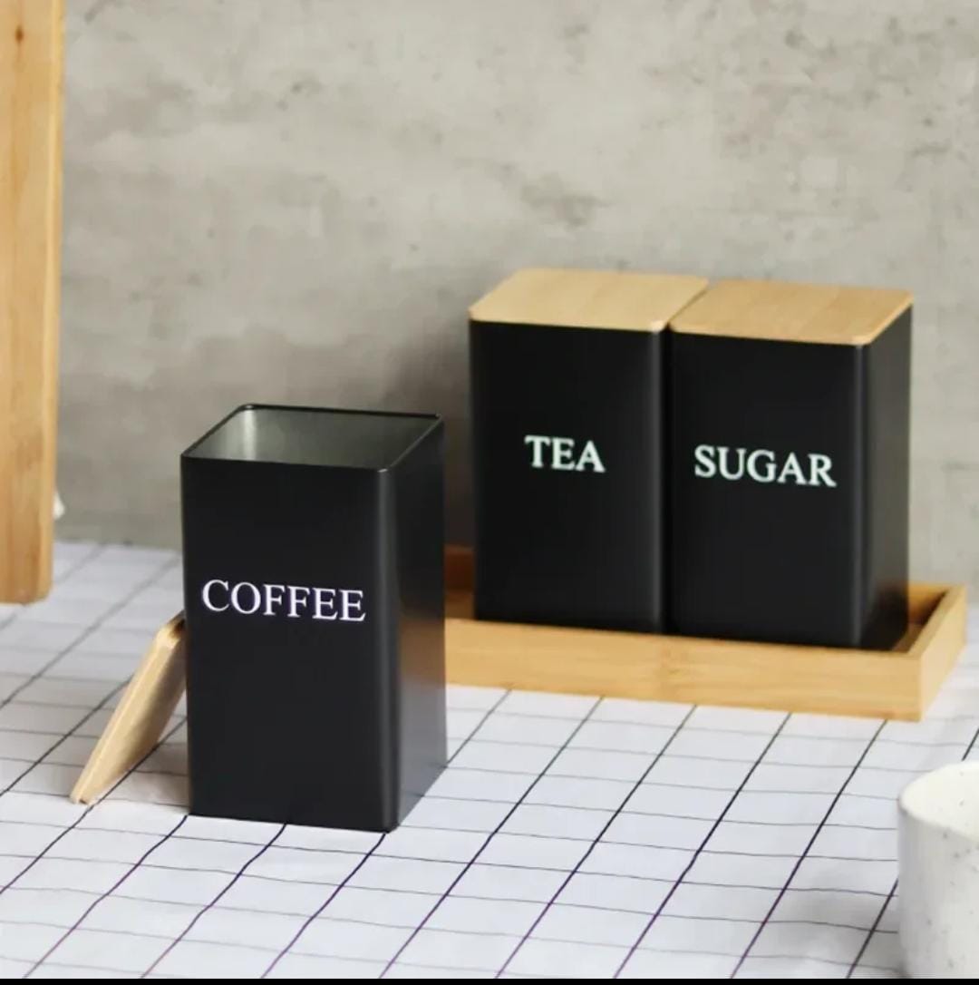 Alloy Canisters Set with Bamboo Holder | Tea, Coffee, Sugar Storage