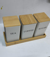 Alloy Canisters Set with Bamboo Holder | Tea, Coffee, Sugar Storage