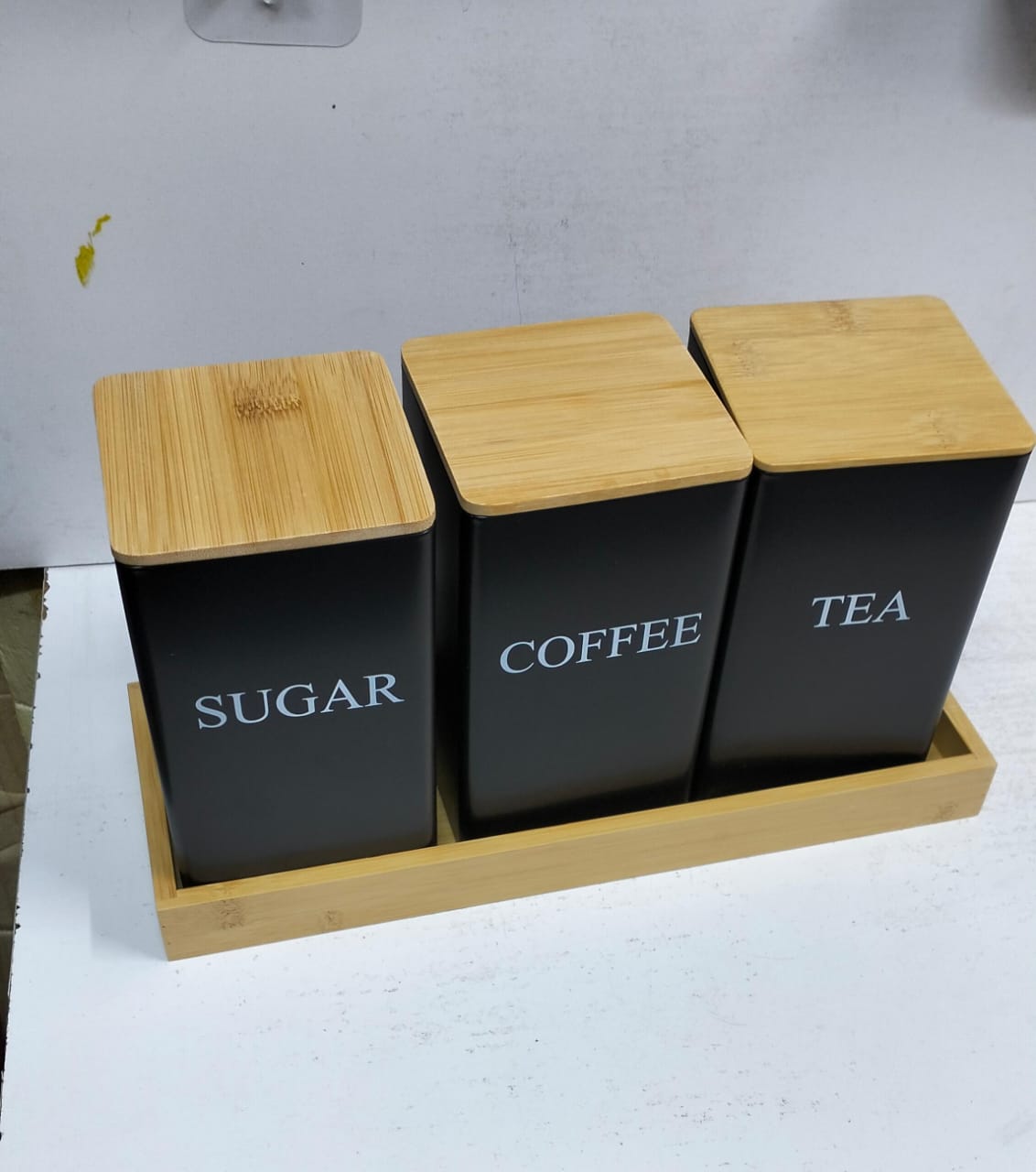 Alloy Canisters Set with Bamboo Holder | Tea, Coffee, Sugar Storage